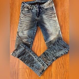 RARE * ROBIN’S JEANS MOTORCYCLE MOTO ACID WASH STUDDED JEANS * Cut 606966 * Y2K